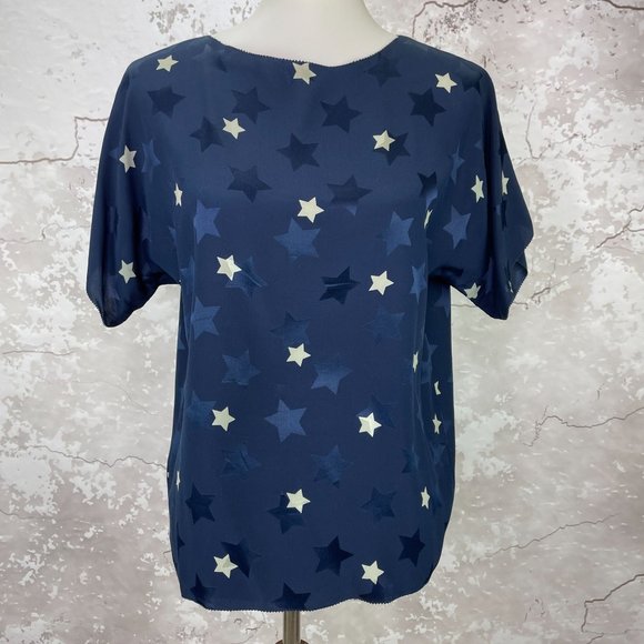 Vintage Silk Mary Ann Restivo Star Blue 80s Top S - Picture 1 of 8
